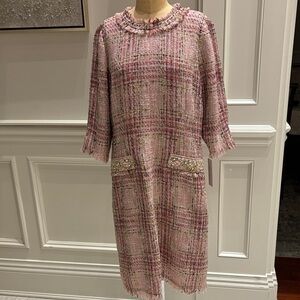 NWT Rickie Freeman for Teri Jon Pink Plaid  tweed Midi Dress with beaded pockets